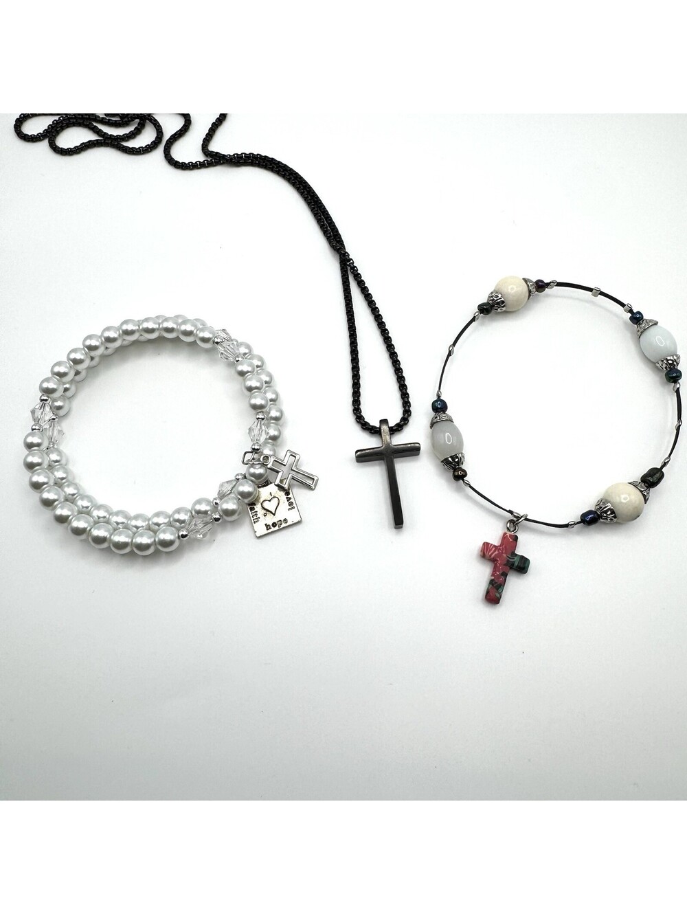 3 pc Christian Jewelry Lot: Faux Pearl Bracelet, Cross Necklace, Charm Bracelet